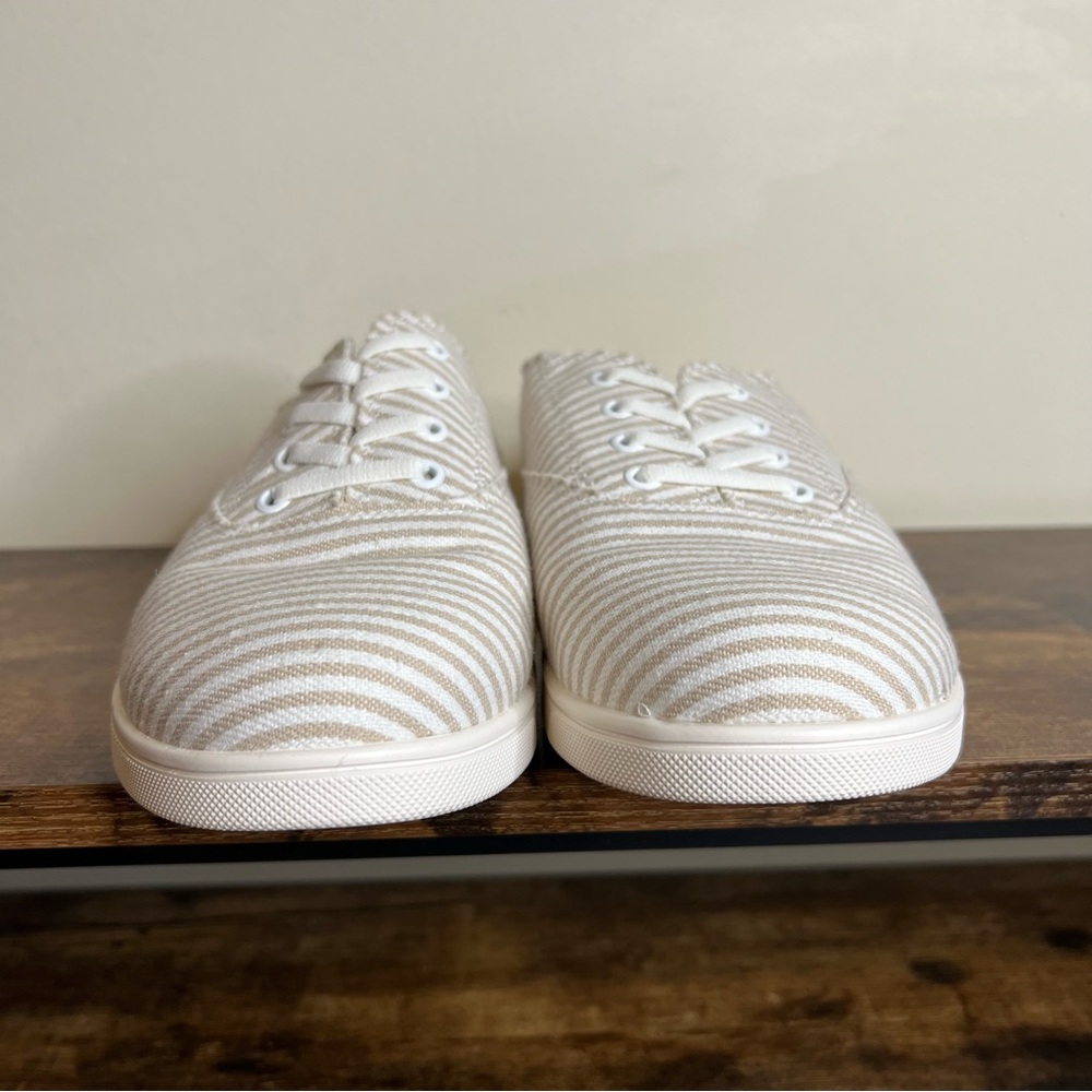 canvas mules slip on shoes tan white stripes Spenco Santa Rosa women's 9 - Picture 4 of 14